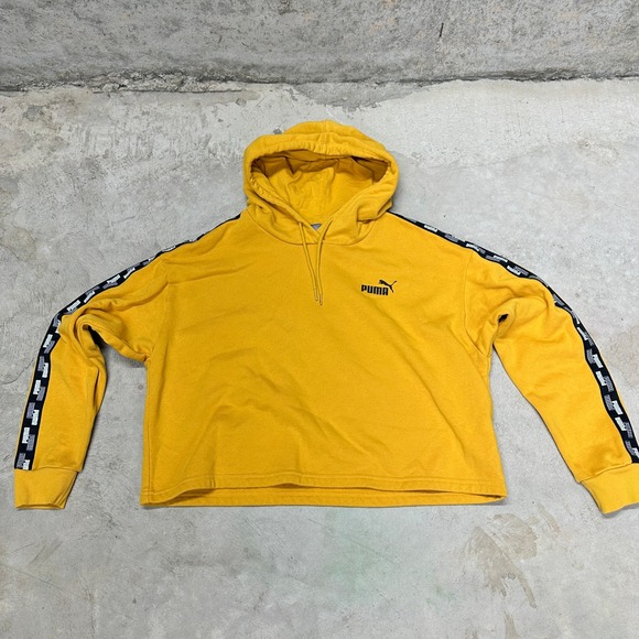PUMA Hoodie Women's Size M Yellow Tape Logo Cropped Pullover Sweatshirt - Picture 1 of 5